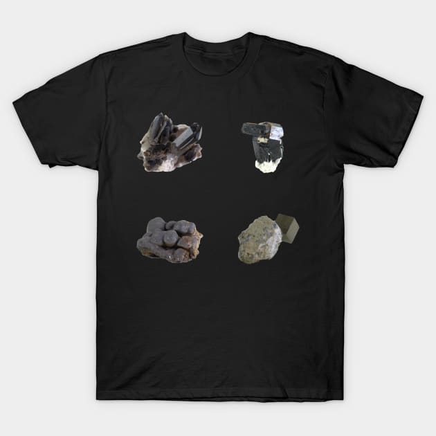 Mineral 4 Pack - Smoky Quartz, Pyrite, Tourmaline, Manganese T-Shirt by seekingcerulean